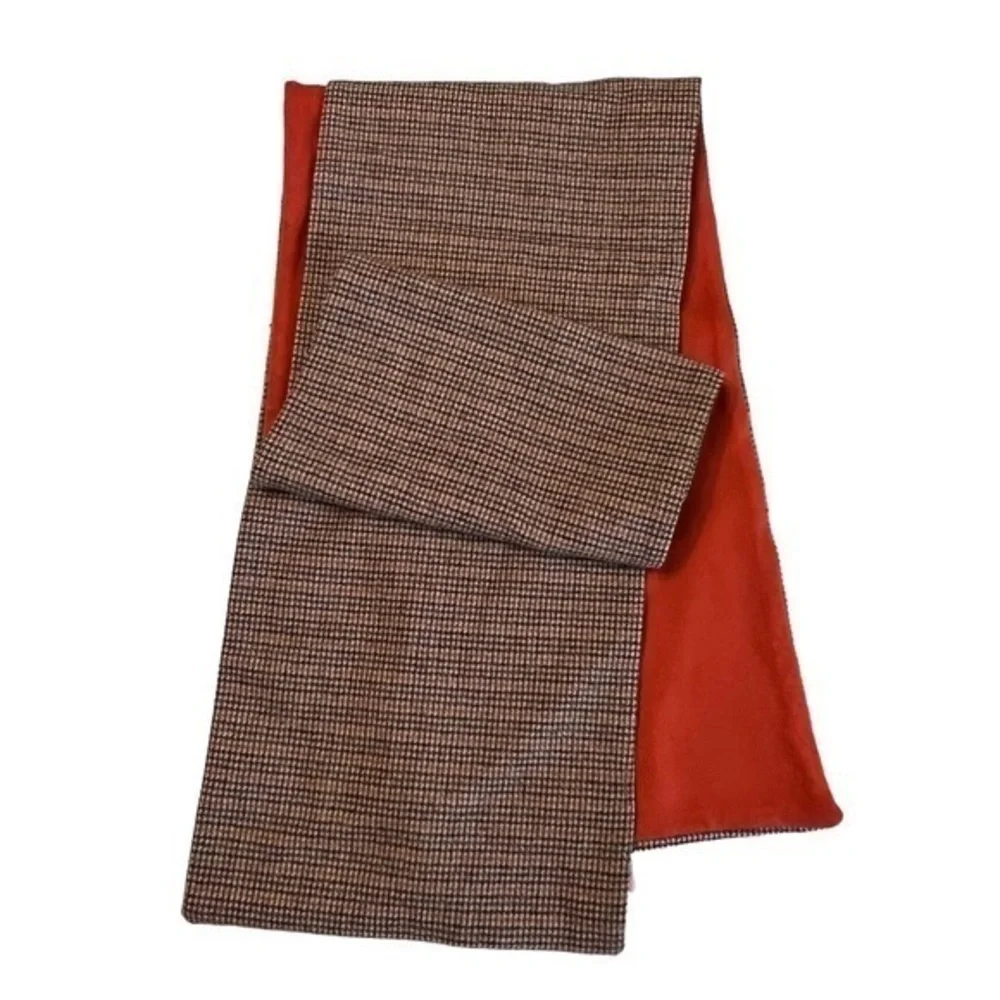Vintage Altea Milano Italy Rust Orange & Brown Houndstooth Reversible Wool Scarf